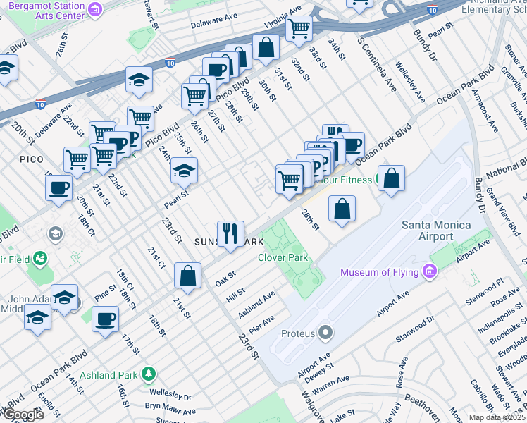 map of restaurants, bars, coffee shops, grocery stores, and more near 2627 26th Street in Santa Monica