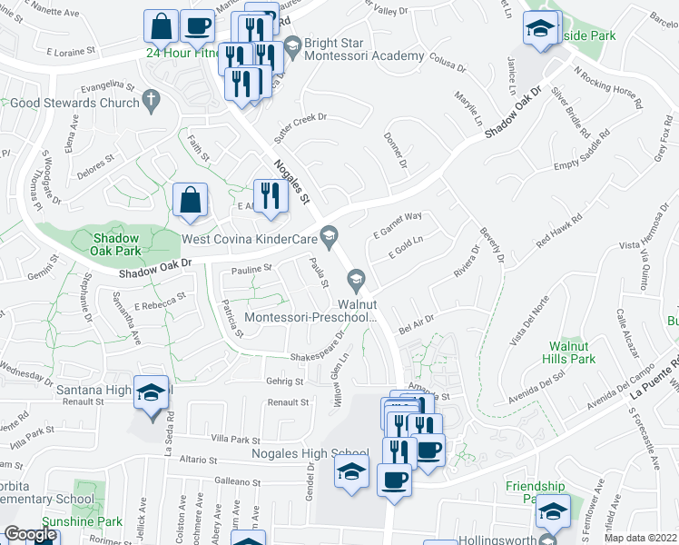 map of restaurants, bars, coffee shops, grocery stores, and more near 3455 Nogales Street in West Covina