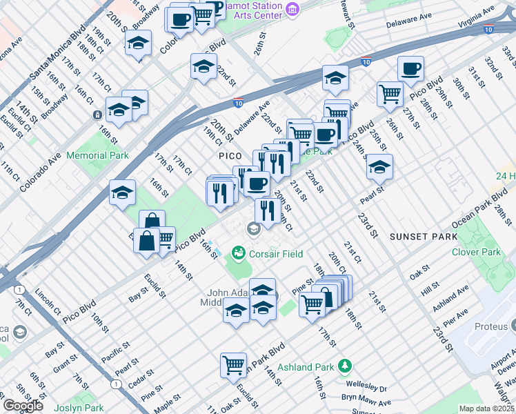 map of restaurants, bars, coffee shops, grocery stores, and more near 1900 Pico Boulevard in Santa Monica