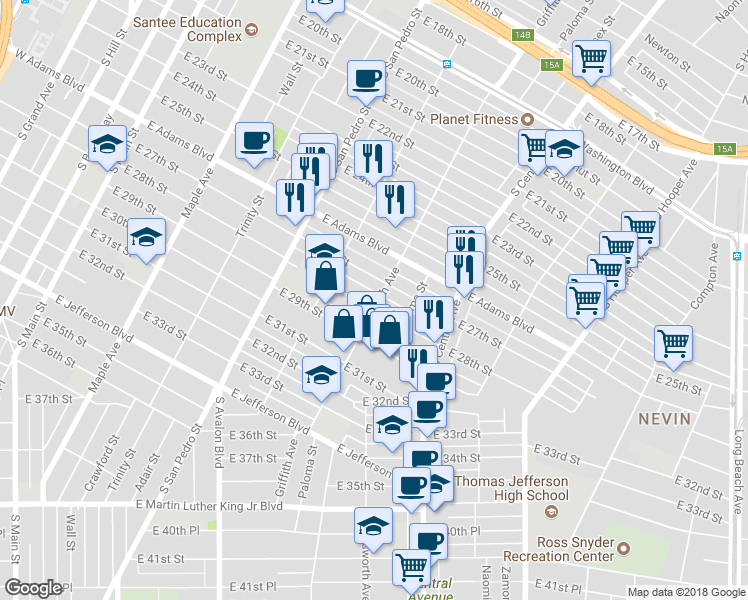 map of restaurants, bars, coffee shops, grocery stores, and more near 859 East 28th Street in Los Angeles