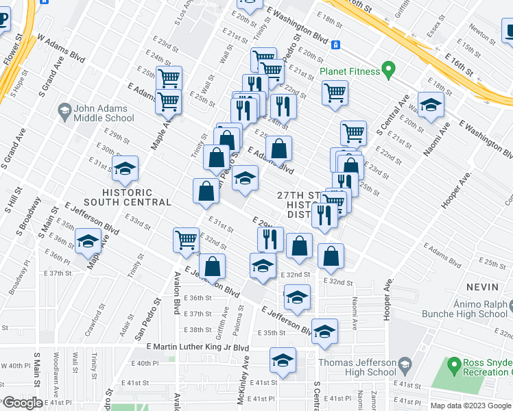 map of restaurants, bars, coffee shops, grocery stores, and more near 824 East 28th Street in Los Angeles