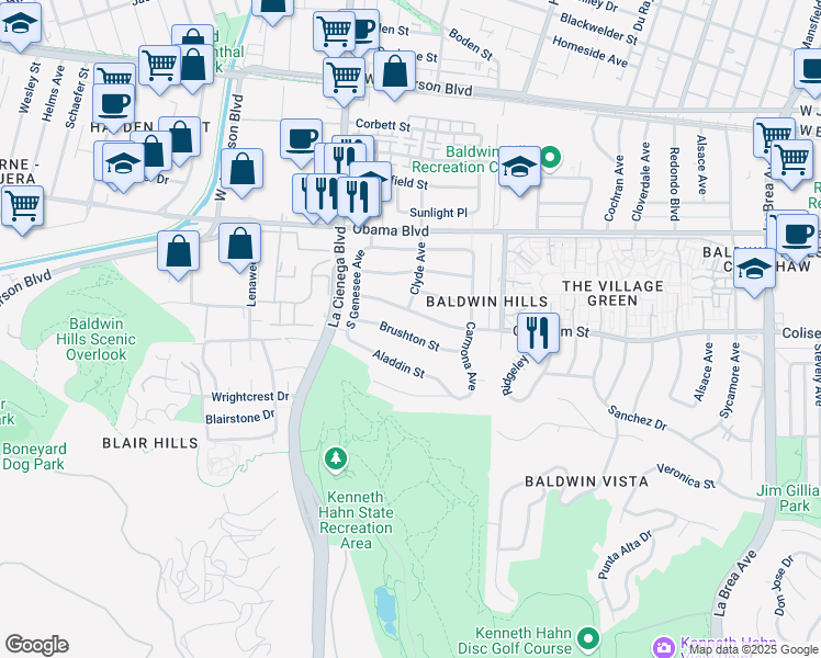 map of restaurants, bars, coffee shops, grocery stores, and more near 5659 Brushton Street in Los Angeles