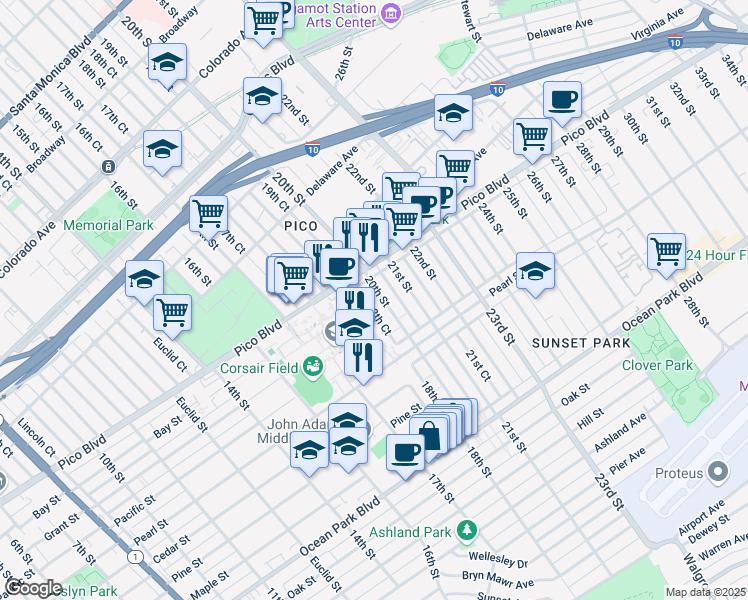 map of restaurants, bars, coffee shops, grocery stores, and more near 2201 20th Street in Santa Monica