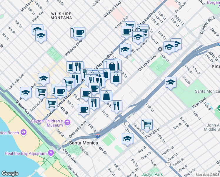 map of restaurants, bars, coffee shops, grocery stores, and more near 1519 9th Street in Santa Monica