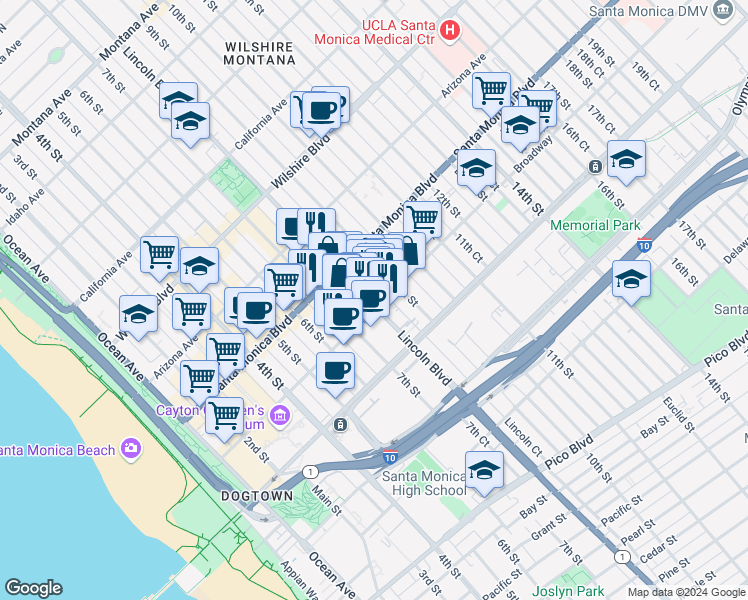 map of restaurants, bars, coffee shops, grocery stores, and more near 1447 Lincoln Boulevard in Santa Monica
