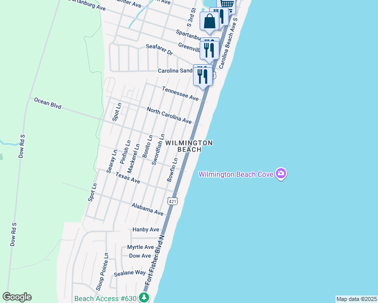 map of restaurants, bars, coffee shops, grocery stores, and more near Ocean Boulevard in Carolina Beach