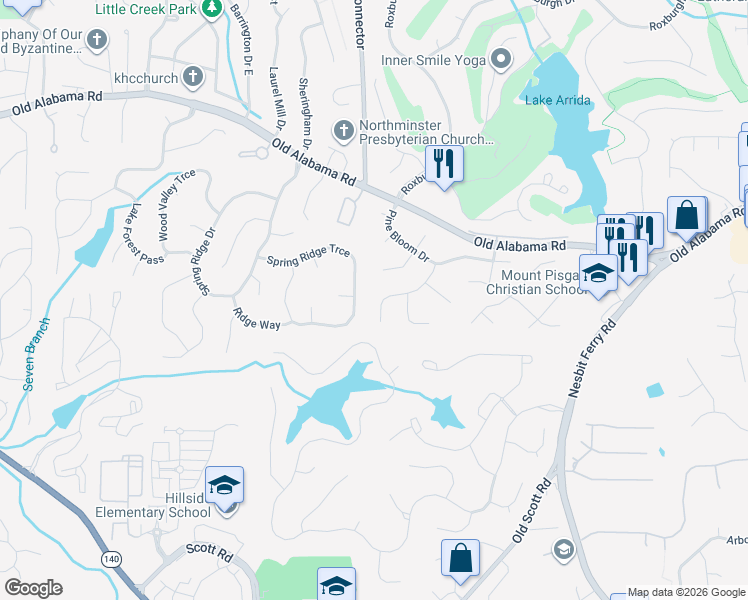 map of restaurants, bars, coffee shops, grocery stores, and more near 2100 Pearwood Path in Roswell