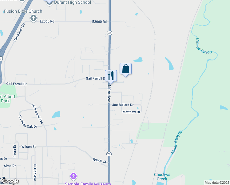 map of restaurants, bars, coffee shops, grocery stores, and more near 2896-2914 North 1st Avenue in Durant