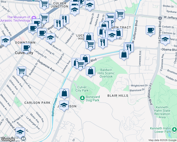 map of restaurants, bars, coffee shops, grocery stores, and more near 6231 Hetzler Road in Culver City