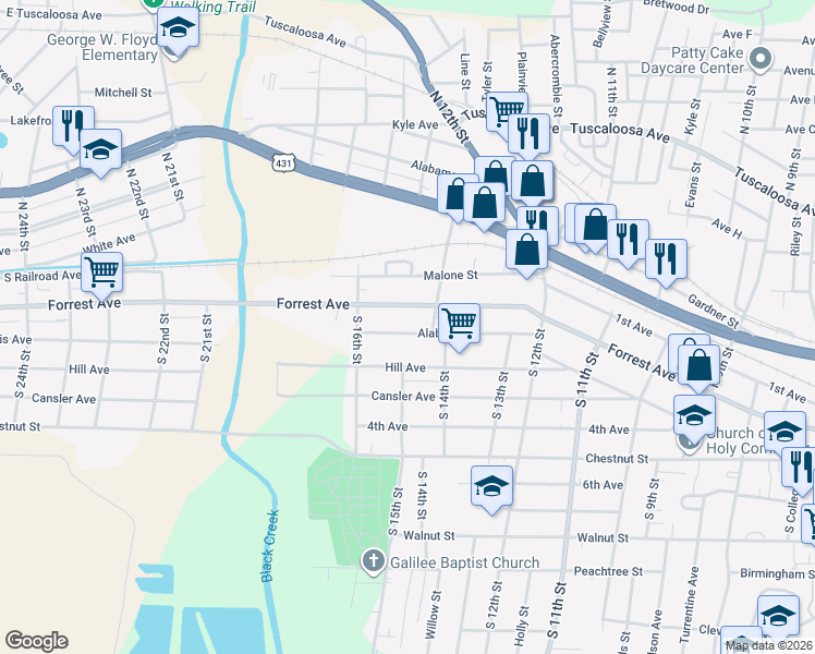 map of restaurants, bars, coffee shops, grocery stores, and more near 1429 Alabama Street in Gadsden