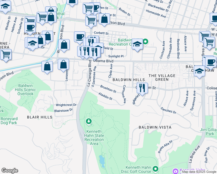 map of restaurants, bars, coffee shops, grocery stores, and more near 5659 Brushton Street in Los Angeles