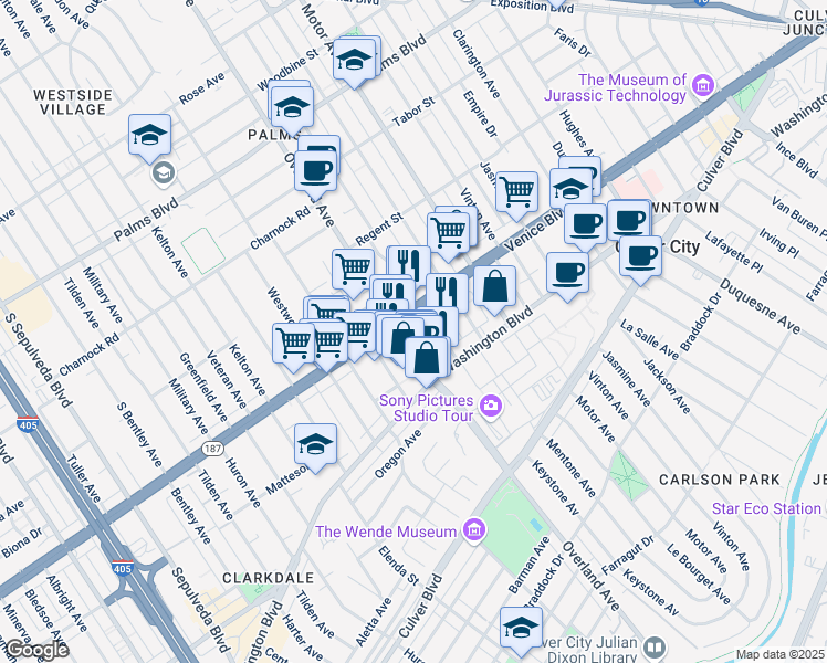 map of restaurants, bars, coffee shops, grocery stores, and more near 3820 Overland Avenue in Culver City