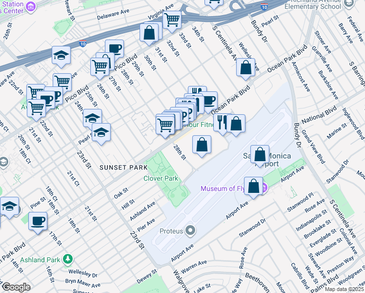 map of restaurants, bars, coffee shops, grocery stores, and more near 2900 Ocean Park Boulevard in Santa Monica