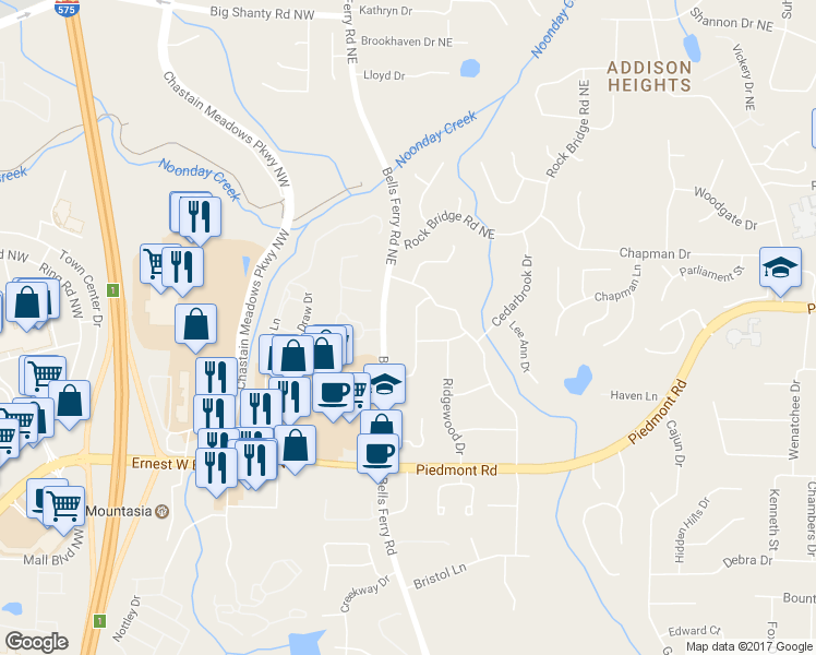 map of restaurants, bars, coffee shops, grocery stores, and more near 2791 Fern Valley Road in Marietta