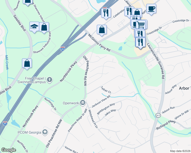 map of restaurants, bars, coffee shops, grocery stores, and more near 2842 Manor Glen Lane Northwest in Suwanee