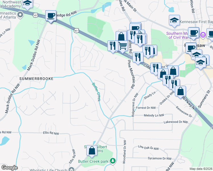 map of restaurants, bars, coffee shops, grocery stores, and more near 3030 Wellcrest Drive Northwest in Kennesaw