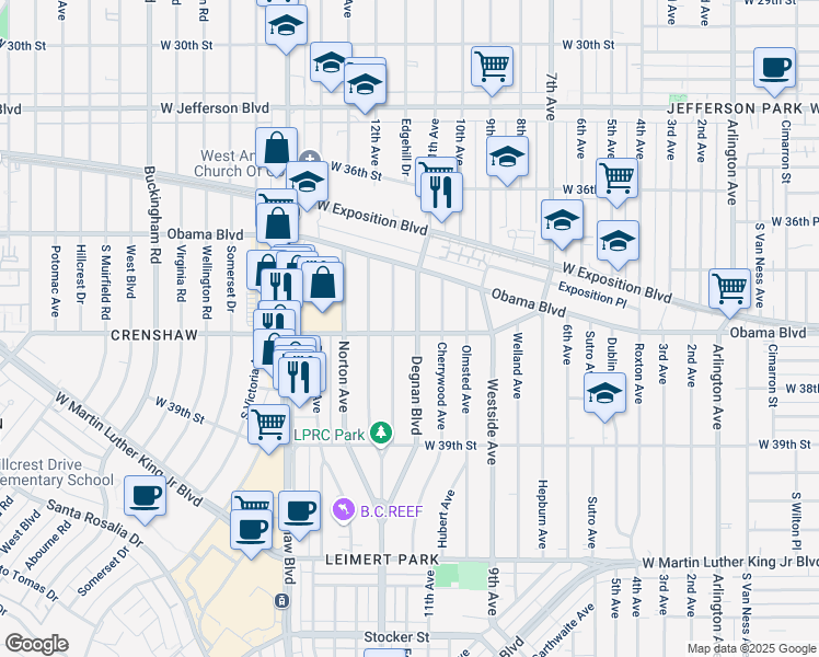 map of restaurants, bars, coffee shops, grocery stores, and more near 3753 Degnan Boulevard in Los Angeles