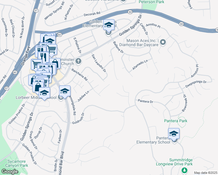 map of restaurants, bars, coffee shops, grocery stores, and more near 23652 Meadcliff Place in Diamond Bar