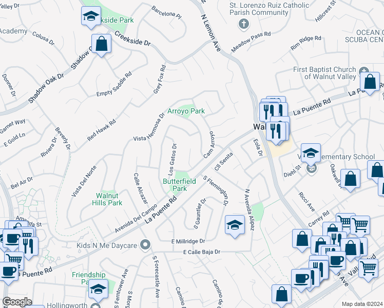 map of restaurants, bars, coffee shops, grocery stores, and more near 426 Calle Borrego in Walnut