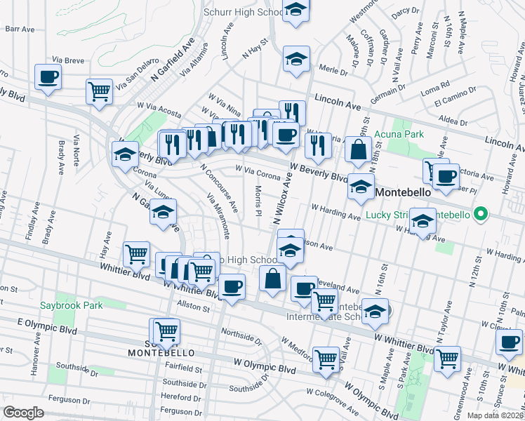 map of restaurants, bars, coffee shops, grocery stores, and more near 324 Morris Place in Montebello