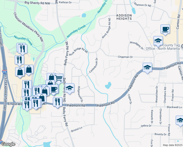 map of restaurants, bars, coffee shops, grocery stores, and more near 2688 Lee Ann Drive in Marietta