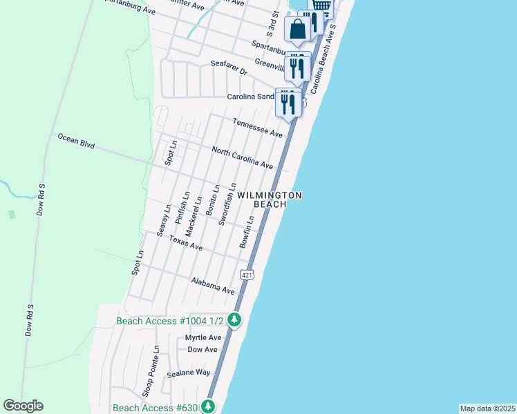 map of restaurants, bars, coffee shops, grocery stores, and more near 1405 Bowfin Lane in Carolina Beach