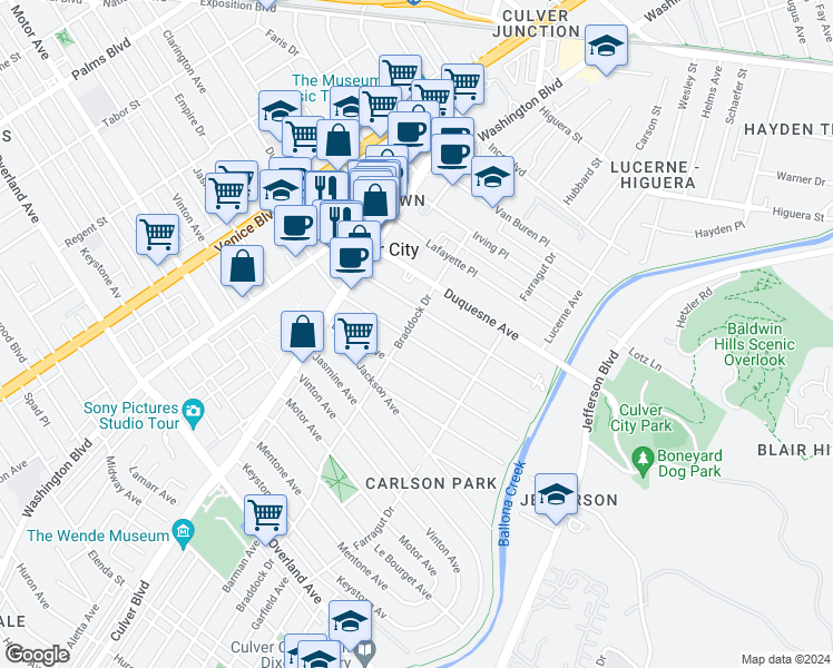 map of restaurants, bars, coffee shops, grocery stores, and more near 4110 Madison Avenue in Culver City