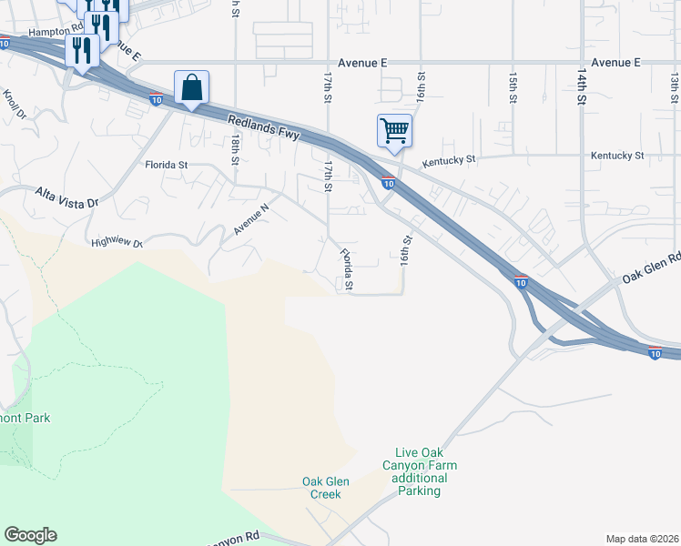 map of restaurants, bars, coffee shops, grocery stores, and more near 31967 Florida Street in Redlands