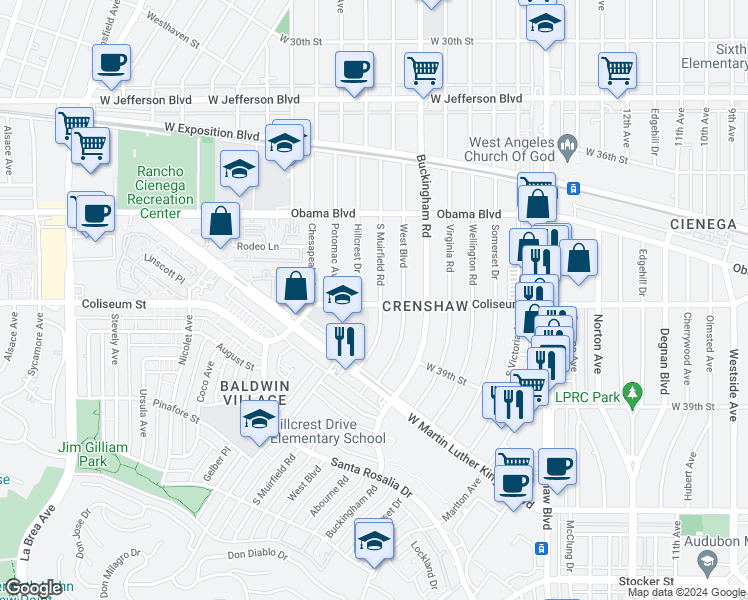 map of restaurants, bars, coffee shops, grocery stores, and more near 3759 Muirfield Road South in Los Angeles