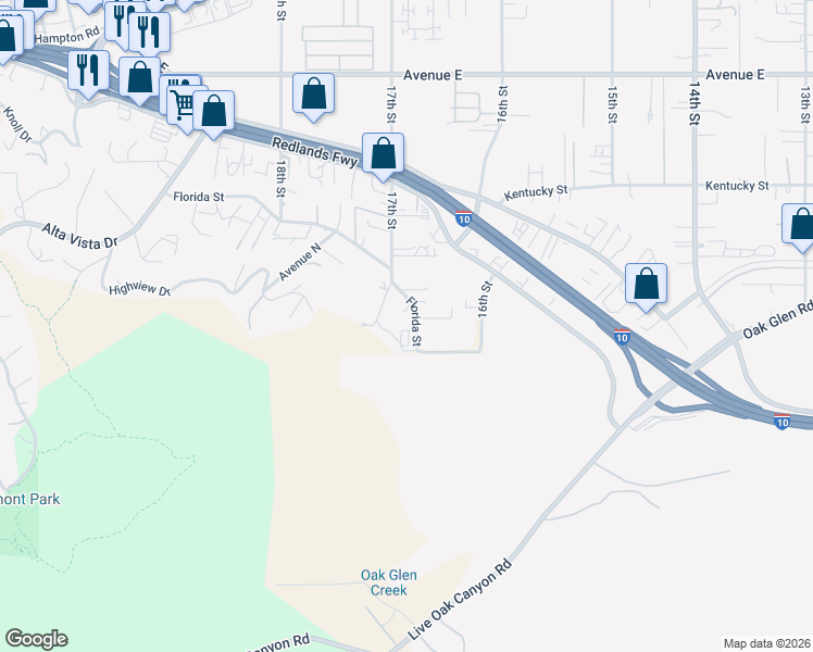 map of restaurants, bars, coffee shops, grocery stores, and more near 31967 Florida Street in Redlands