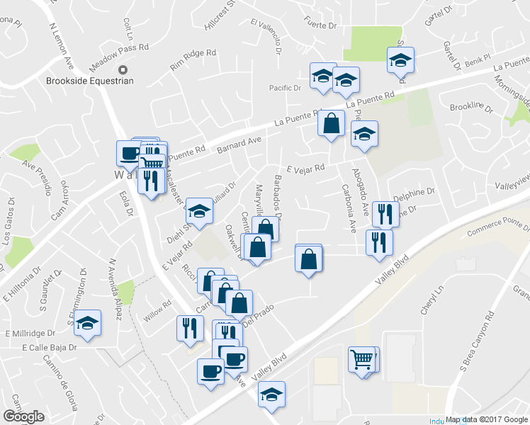 map of restaurants, bars, coffee shops, grocery stores, and more near 244 Maryville Drive in Walnut