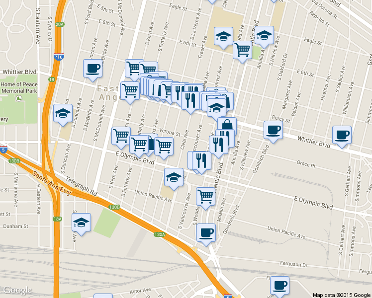map of restaurants, bars, coffee shops, grocery stores, and more near 1036 Clela Avenue in East Los Angeles