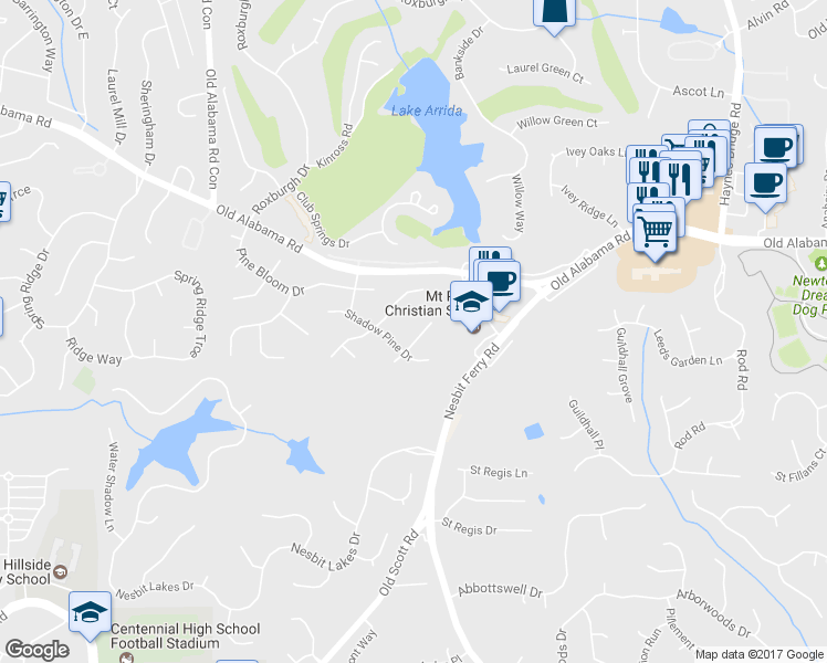 map of restaurants, bars, coffee shops, grocery stores, and more near 520 Woodline Court in Roswell