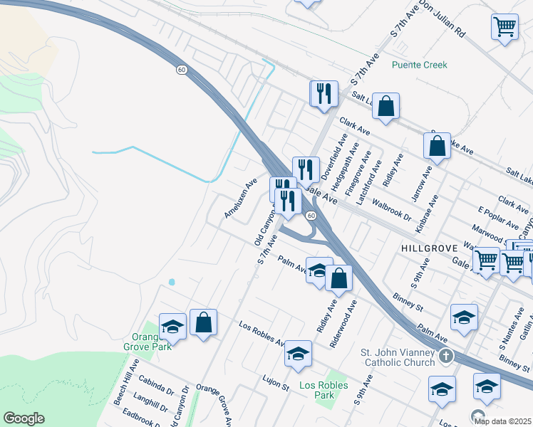 map of restaurants, bars, coffee shops, grocery stores, and more near 1203 Old Canyon Drive in La Puente