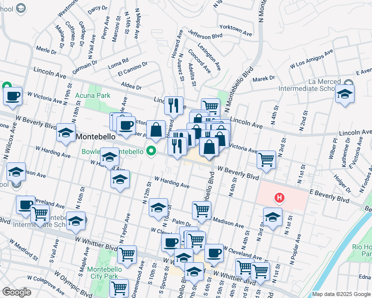 map of restaurants, bars, coffee shops, grocery stores, and more near 1009 Sheila Court in Montebello