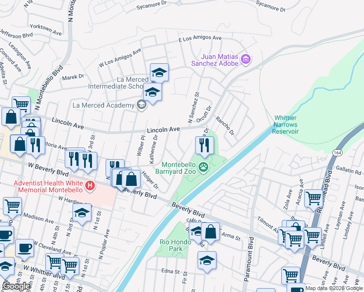 map of restaurants, bars, coffee shops, grocery stores, and more near 404 North Raywood Avenue in Montebello