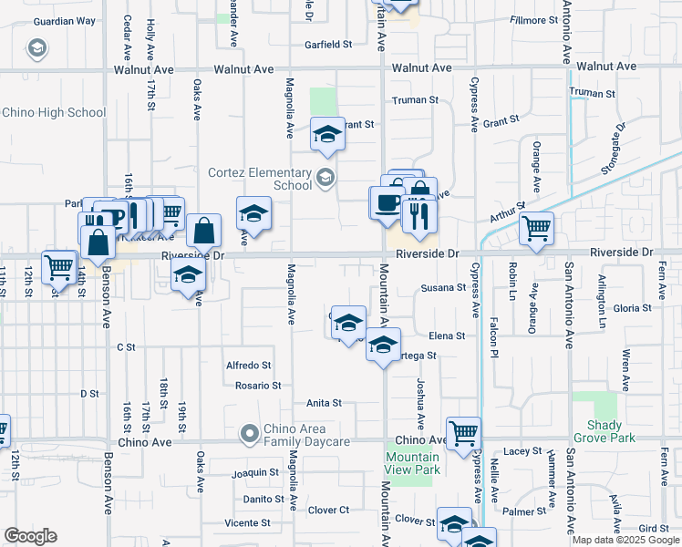 map of restaurants, bars, coffee shops, grocery stores, and more near in Chino