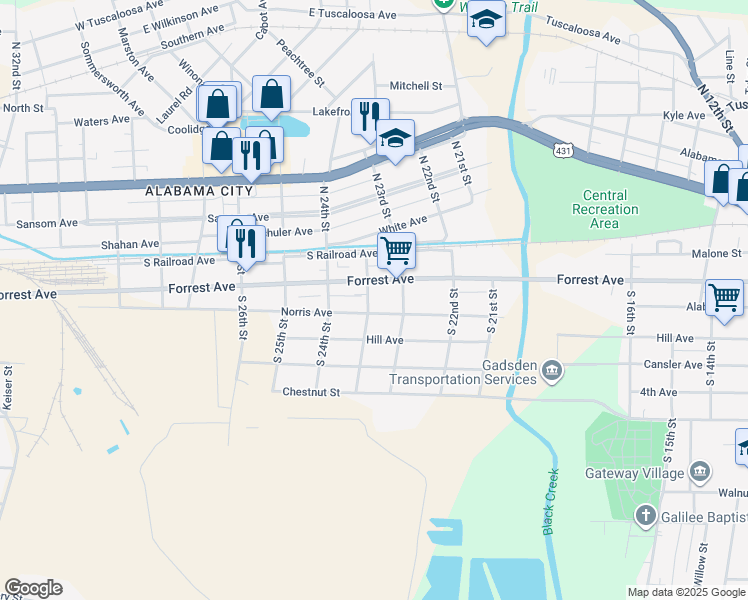 map of restaurants, bars, coffee shops, grocery stores, and more near 103 South Burns Street in Gadsden