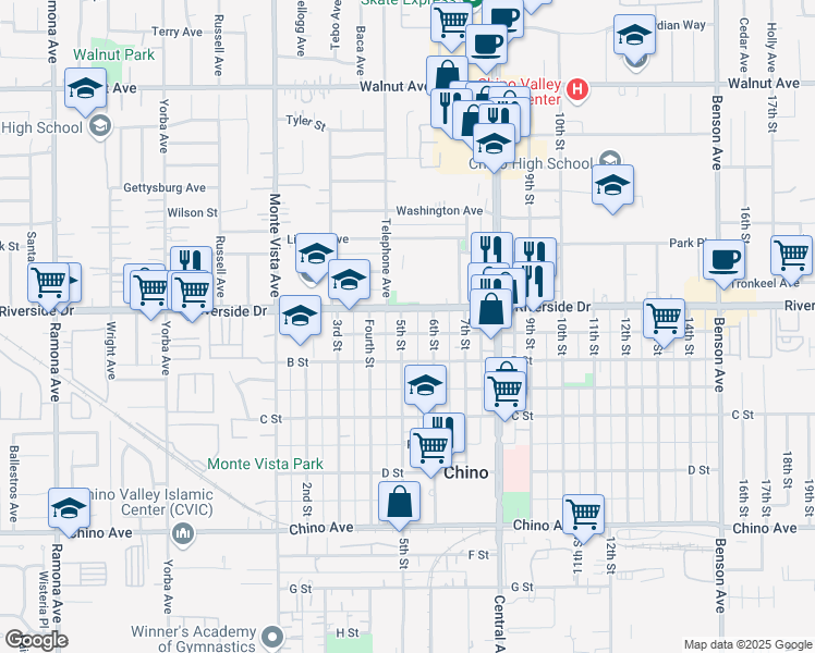 map of restaurants, bars, coffee shops, grocery stores, and more near 12931 5th Street in Chino
