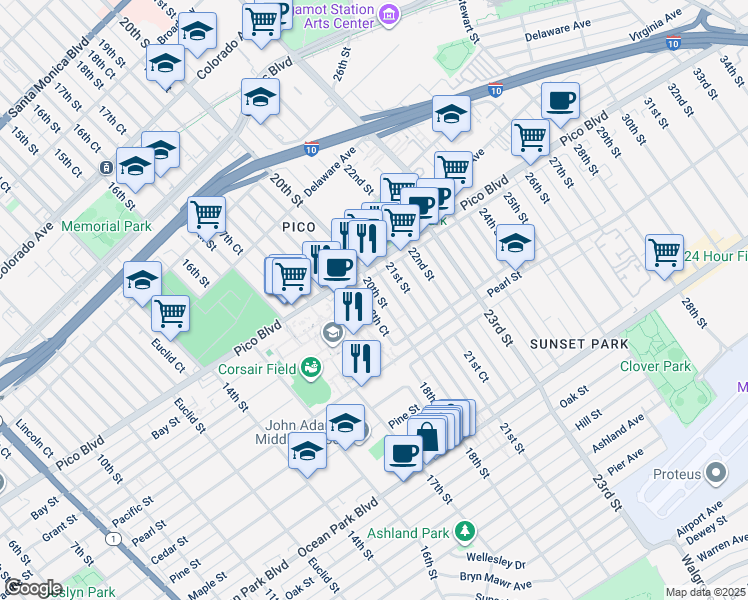 map of restaurants, bars, coffee shops, grocery stores, and more near 2140 20th Street in Santa Monica