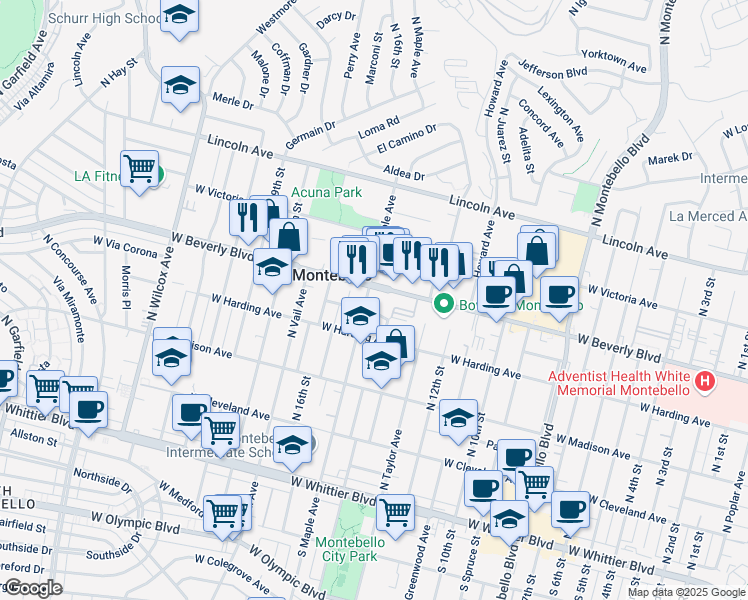 map of restaurants, bars, coffee shops, grocery stores, and more near 1453 West Beverly Boulevard in Montebello