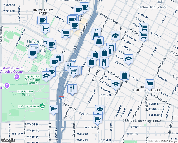 map of restaurants, bars, coffee shops, grocery stores, and more near 3430 South Hill Street in Los Angeles