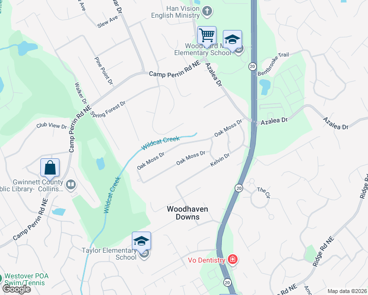 map of restaurants, bars, coffee shops, grocery stores, and more near 999 Oak Moss Dr in Lawrenceville