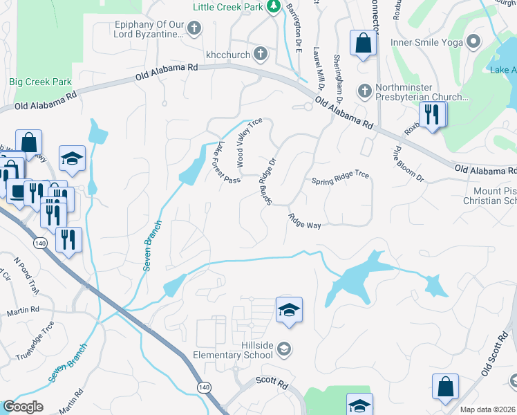 map of restaurants, bars, coffee shops, grocery stores, and more near 610 Springview Court in Roswell