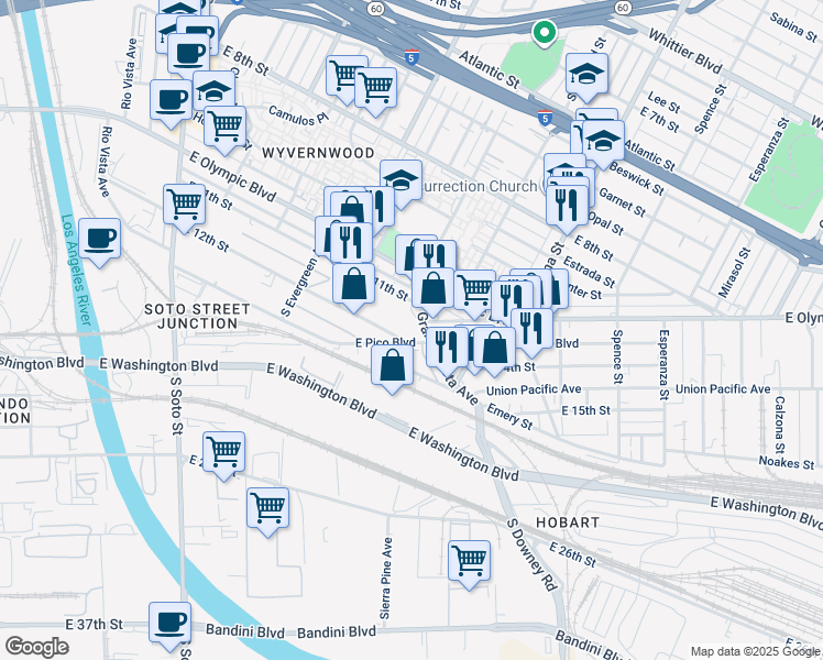 map of restaurants, bars, coffee shops, grocery stores, and more near 1451 South Grande Vista Avenue in Los Angeles