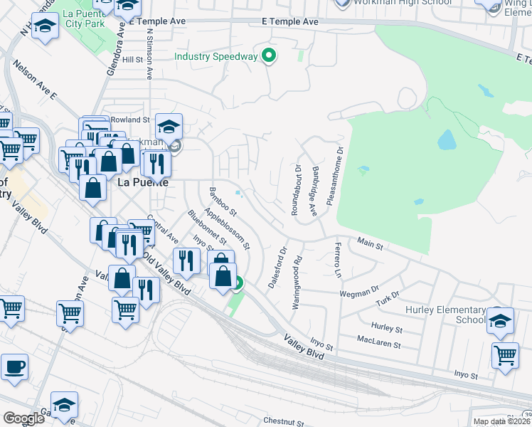 map of restaurants, bars, coffee shops, grocery stores, and more near 16401 Main Street in La Puente