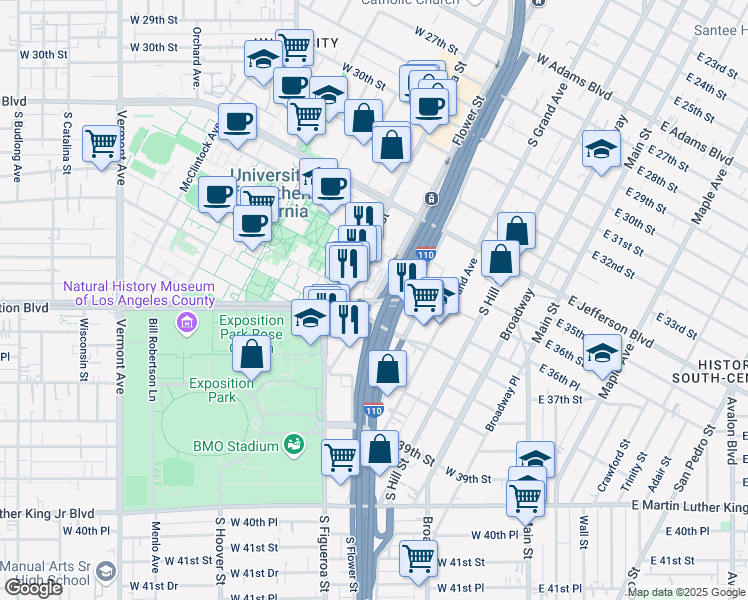 map of restaurants, bars, coffee shops, grocery stores, and more near 431 West Exposition Boulevard in Los Angeles