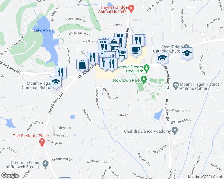 map of restaurants, bars, coffee shops, grocery stores, and more near 730 Leeds Garden Terrace in Alpharetta