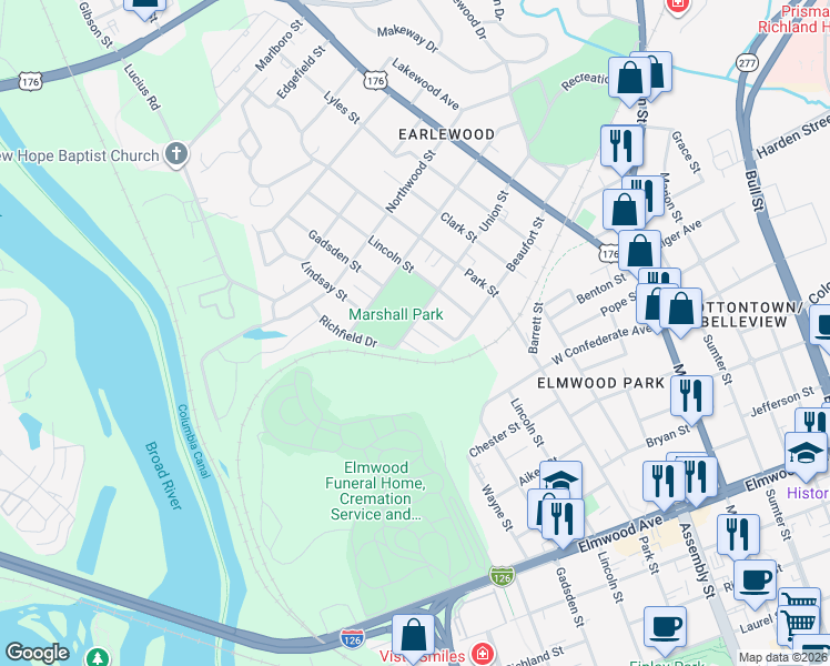 map of restaurants, bars, coffee shops, grocery stores, and more near 606 Union Street in Columbia