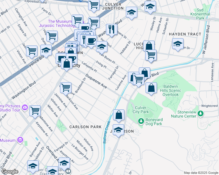 map of restaurants, bars, coffee shops, grocery stores, and more near 4220 Duquesne Avenue in Culver City